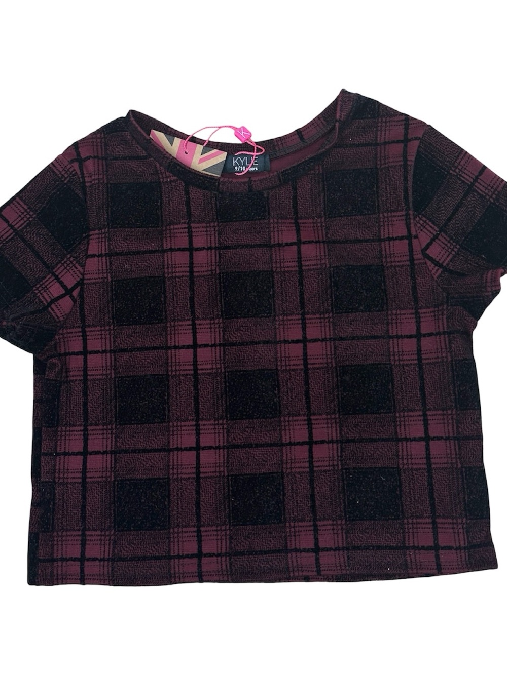 M&Co Girls Short Sleeve Cropped Plaid Tee in Burgundy size 9-10